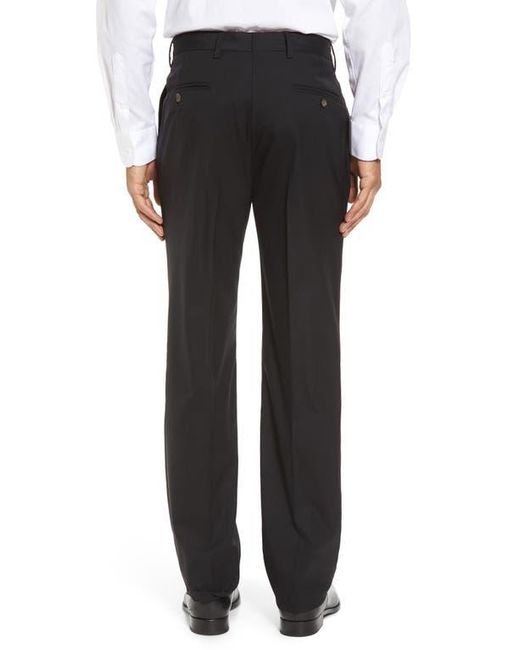 Berle Black Flat Front Stretch Solid Wool Trousers for men