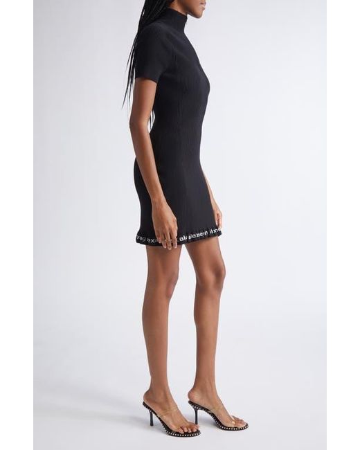 Alexander Wang Women's Black Logo Hem Short Sleeve Rib Dress