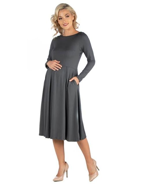 24seven Comfort Apparel Black Maternity Midi Length Fit And Flare Pocket Dress