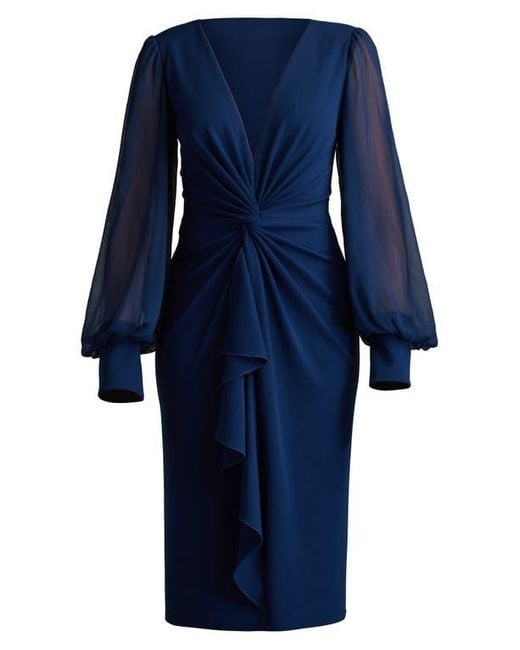Tadashi Shoji Blue Ruffle Long Sleeve Chiffon Dress