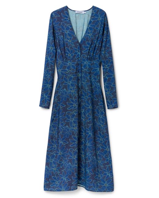 Desigual Blue Floral Long Sleeve Midi Dress