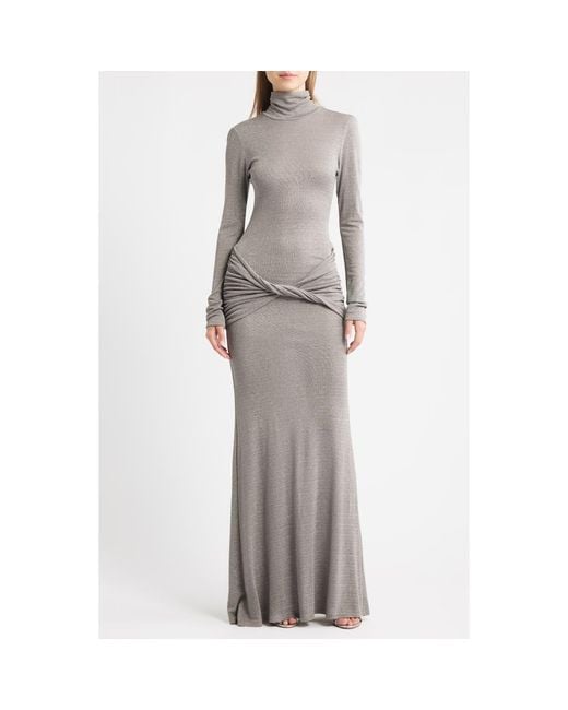 DELFI Collective Anastasia Metallic Twist Front Long Sleeve Maxi Dress in Gray | Lyst DELFI Collective Anastasia Metallic Twist Front Long Sleeve Maxi Dress in Gray | Lyst
