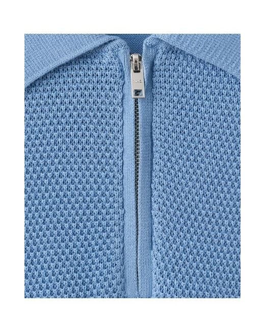 Mango Blue Solid Cotton Waffle Zip Polo Sweater for men