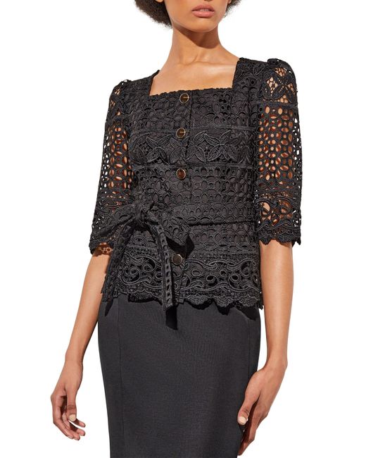 Ming Wang Black Guipure Lace Belted Jacket