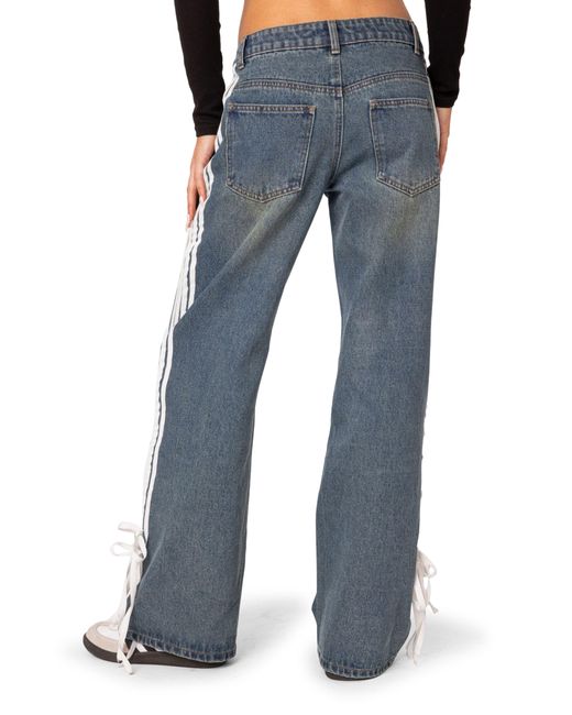 Edikted Blue Mattie Side Stripe Bow Low Rise Wide Leg Jeans