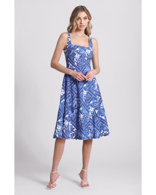 Avec Les Filles Blue Floral Linen Blend Fit & Flare Midi Dress