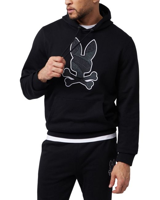 Psycho Bunny Black Lenox Bunny Appliqué Polo Pullover Hoodie for men