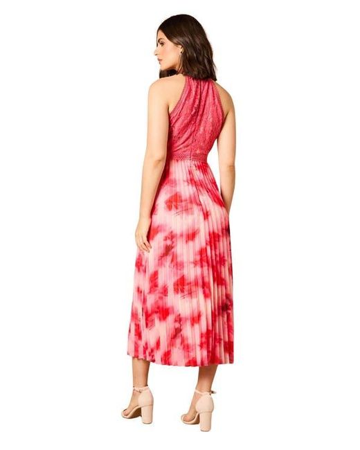 Oasis Red Printed Lace Mix Halterneck Midi Dress