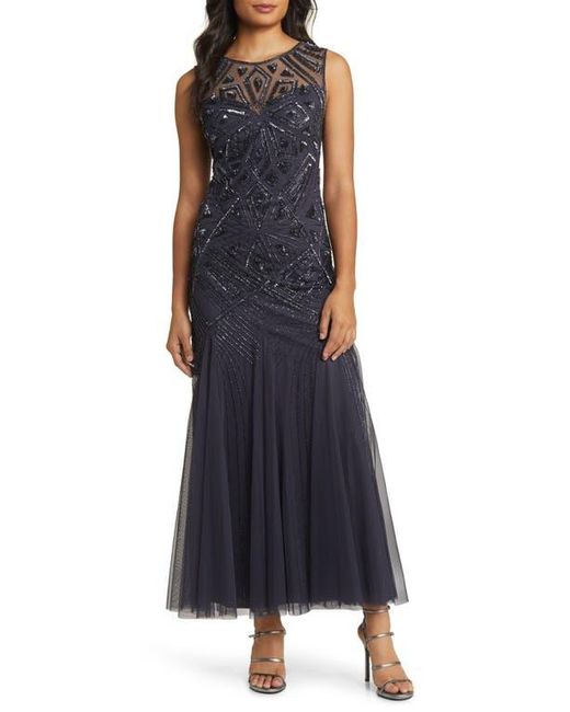 Pisarro Nights Women's Blue Geometric Beaded Sleeveless Gown