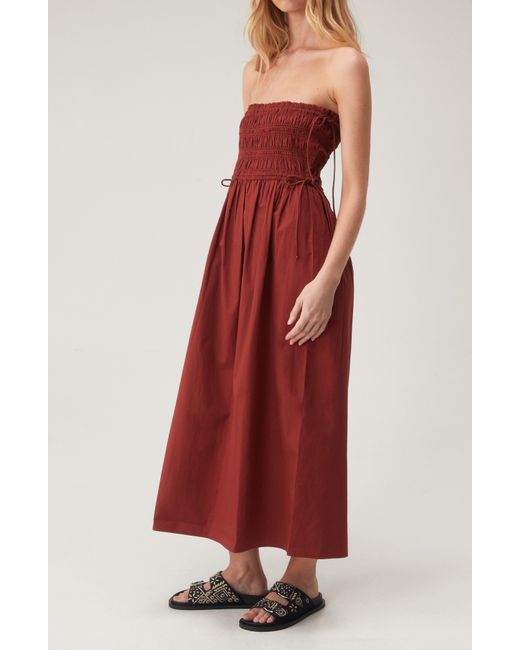 Nasty Gal Red Smocked Strapless Cotton Midi Dress