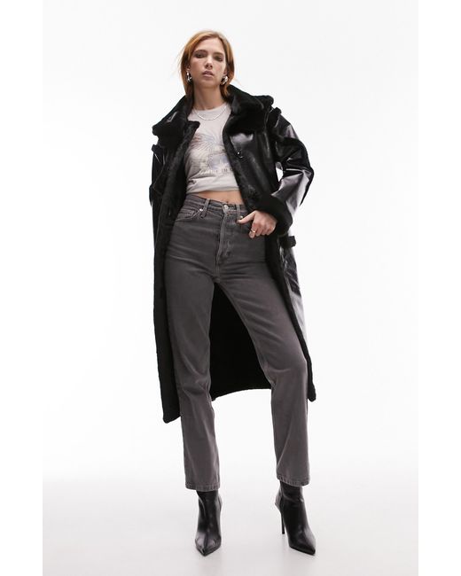 Faux Fur Trim Faux Leather Aviator Coat in Black Lyst