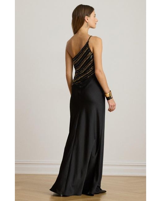 Ralph Lauren Beaded Mesh One-Shoulder Gown in Black | Lyst