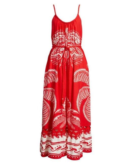 Farm Rio Red Majestic Coconut Tree Linen Blend Midi Dress