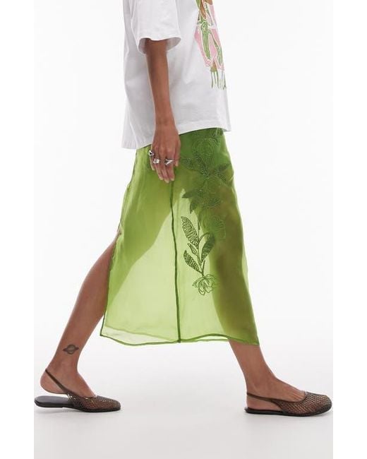 TOPSHOP Green Embroidered Cotton Organza Midi Skirt