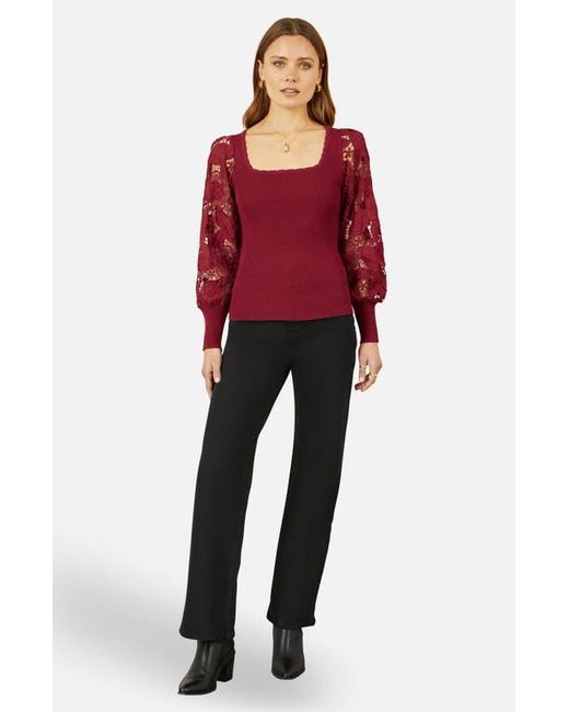 Yumi' Red Ribbed Knitted Lace Sleeve Top