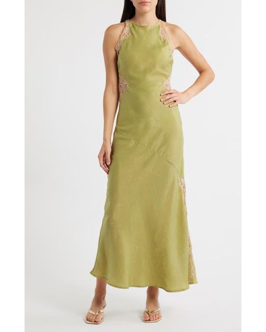 TOPSHOP Green Lace Inset Sleeveless Satin Midi Dress