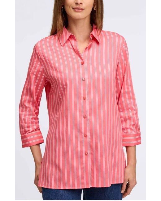 Foxcroft Pink Evelyn Stripe Three-Quarter Sleeve Cotton Button-Up Shirt