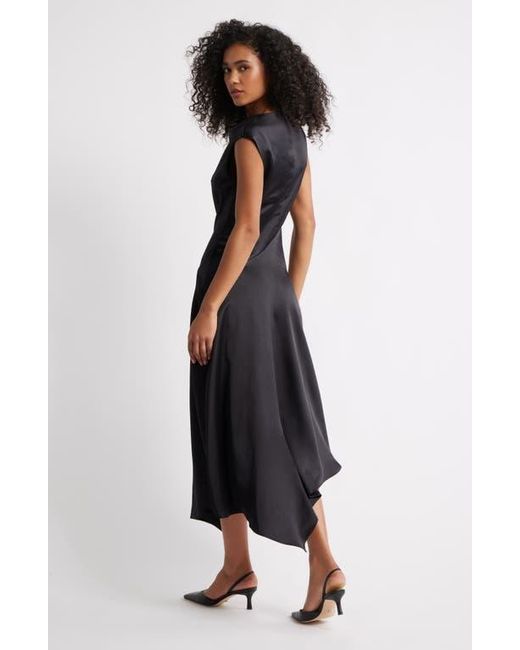 Open Edit Black Cowl Neck Asymmetric Satin Midi Dress