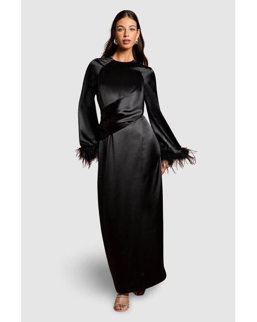 Coast Women's Black Feather Trim Satin Maxi Dress