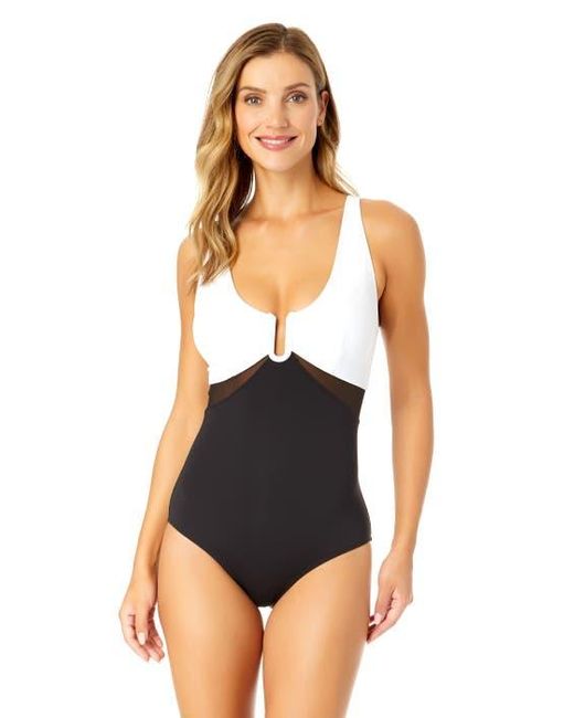 Anne Cole Blue Mesh Around U Ring Mesh Insert One Piece Swimsuit