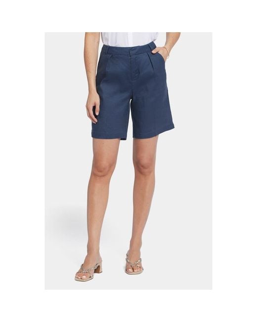 NYDJ Blue Relaxed Pleated Linen Blend Shorts