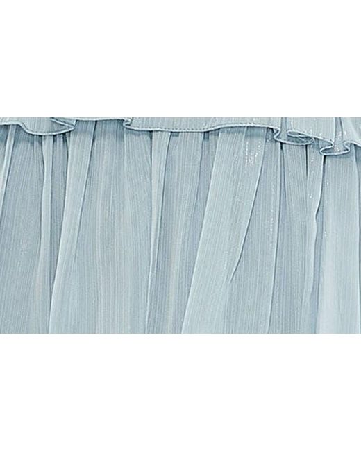 Ieena for Mac Duggal Blue Metallic Flutter Sleeve Ruffle Tiered Gown