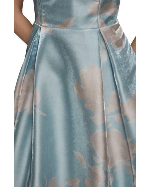 Donna Karan Blue Floral Print Strapless Satin Gown