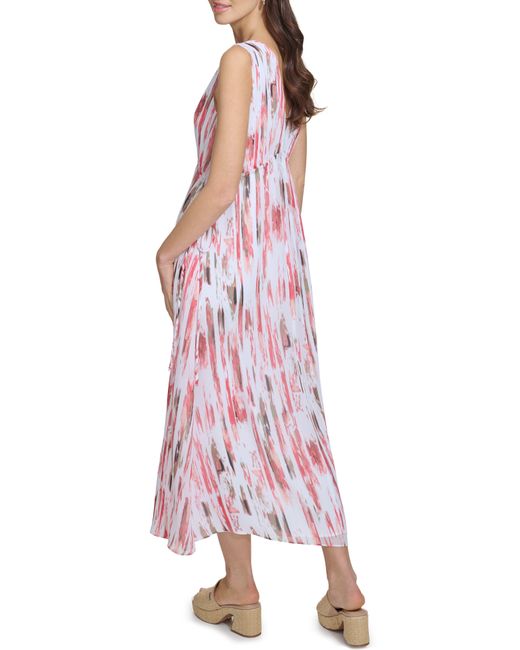 DKNY Pink Print V-neck Chiffon Maxi Dress