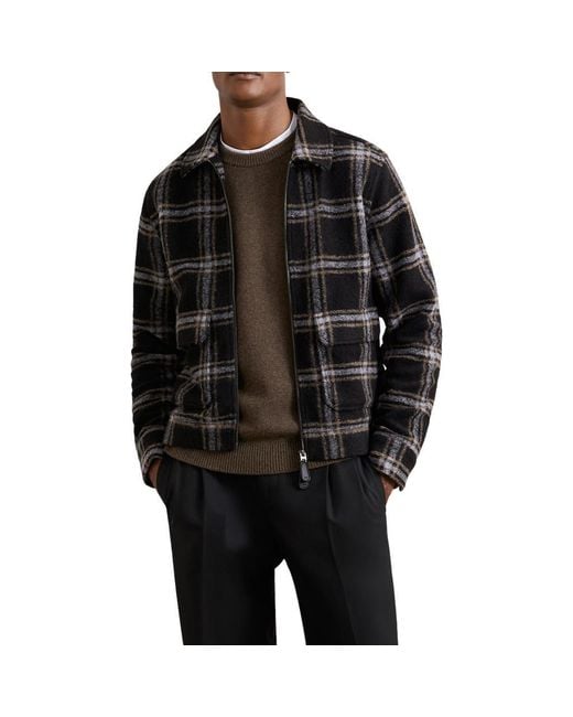 Reiss Black Varena Plaid Zip Shirt Jacket for men