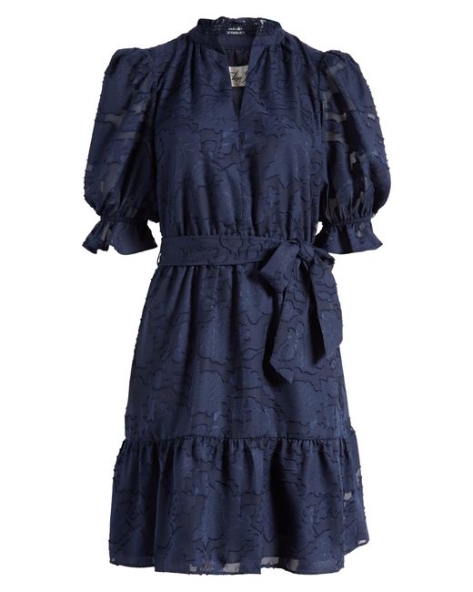 Eliza J Blue Floral Jacquard Belted Dress