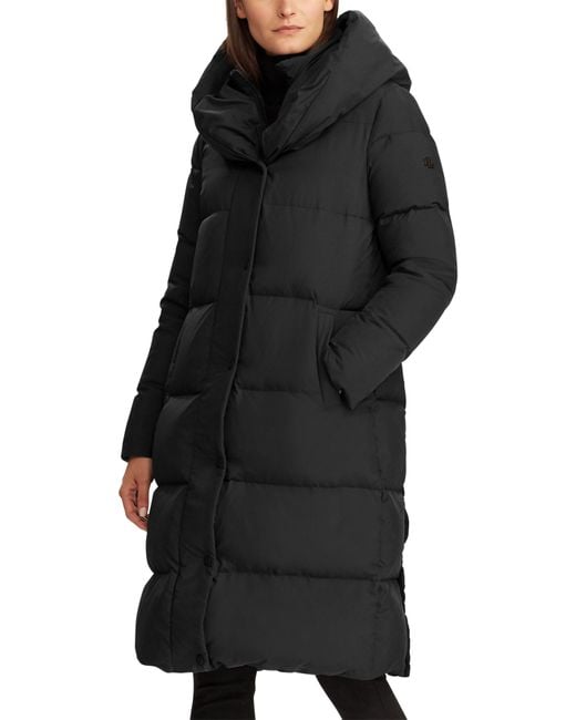 Lauren by Ralph Lauren Black Pillow Collar Hooded Down & Feather Puffer Coat