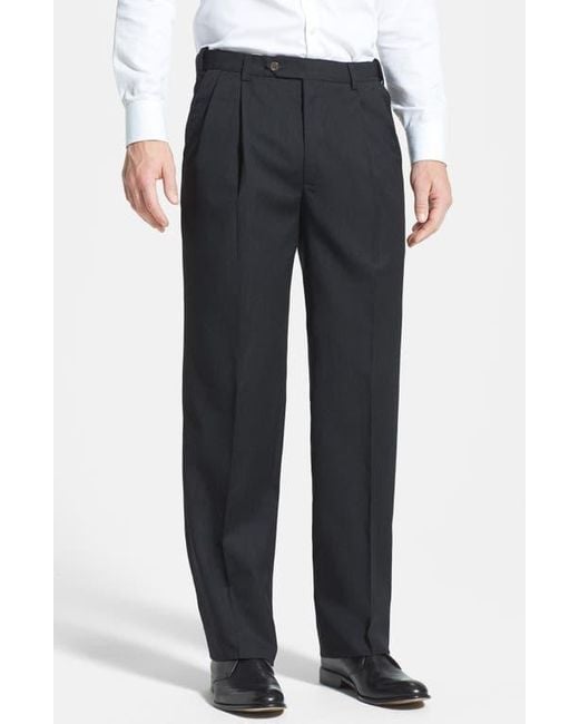 Berle Blue Self Sizer Waist Pleated Classic Fit Wool Gabardine Dress Pants for men