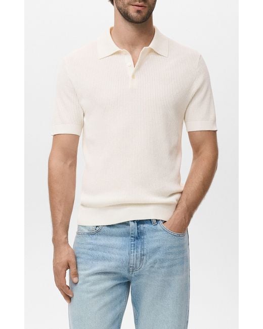 Mango White Ribbed Polo Sweater for men