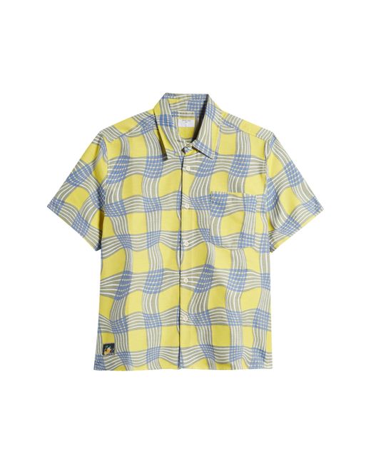 Percival Yellow Sunshine Twister Warped Check Short Sleeve Cotton & Silk Button-up Shirt for men