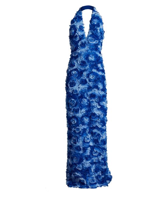 Tadashi Shoji Blue 3-d Floral Halter Neck Gown