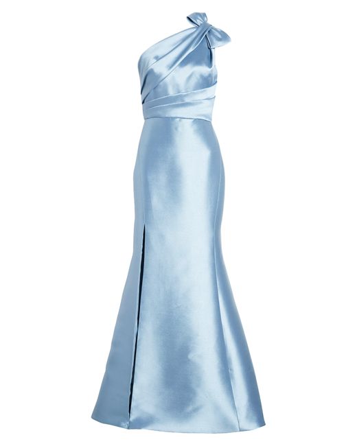 Amsale Blue Bow Detail One-shoulder Mikado Mermaid Gown