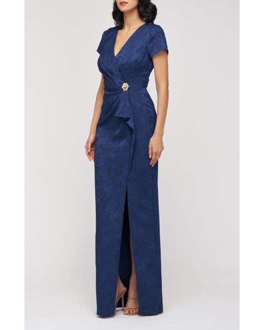JS Collections Blue Aidy Faux Wrap Column Gown