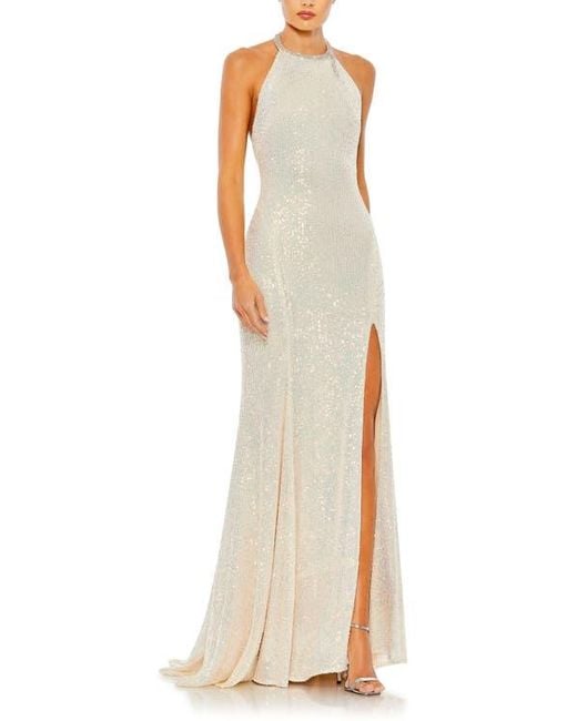 Mac Duggal Natural Sequined High Neck Rhinestone Trim Column Gown