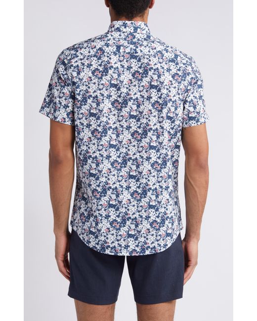 Nordstrom Blue Trim Fit Floral Short Sleeve Stretch Cotton & Linen Button-down Shirt for men