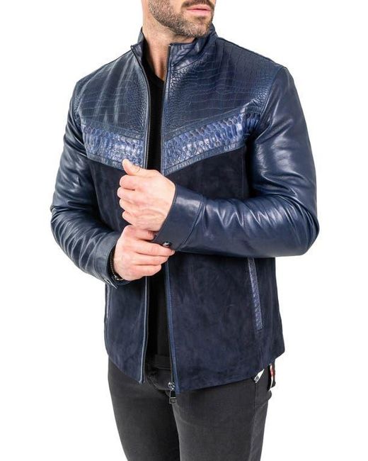Maceoo Blue Pythonshield Snakeskin Embossed Leather Jacket for men