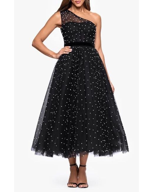 Betsy & Adam Faux Pearl One-Shoulder Tulle Cocktail Dress in Black | Lyst