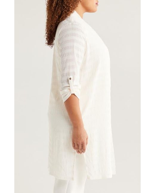 Anne Klein White Sheer Stripe Open Front Longline Cardigan