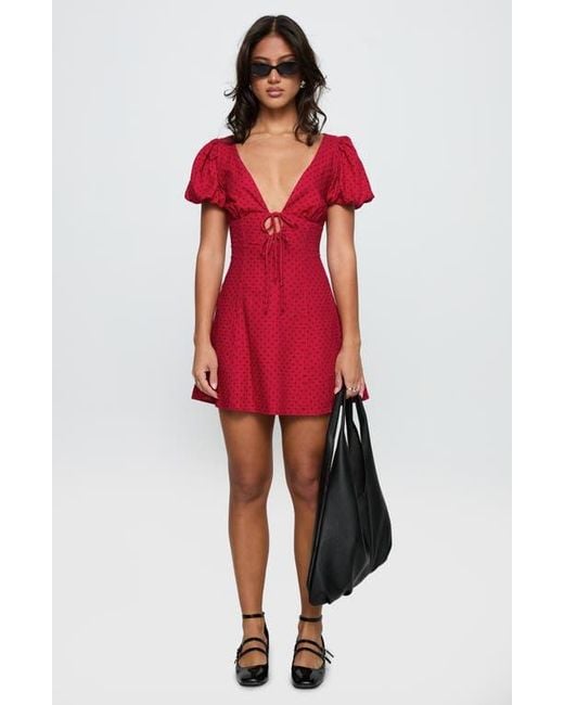 Princess Polly Red Beloved Polka Dot Puff Sleeve Linen Blend Minidress
