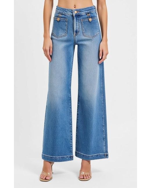 Modenaire Blue High Waist Wide-Leg Jeans With Buttoned Patch Pockets And Rolled Hem