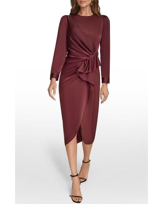 Donna Karan Red Long Sleeve Satin Faux Wrap Dress