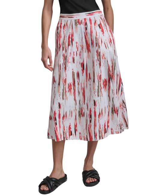 DKNY Red Print Linen Blend Midi Skirt