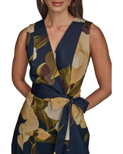 Donna Karan Blue Sleeveless Faux Wrap Midi Dress