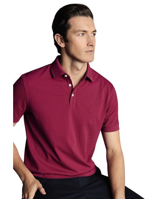 Charles Tyrwhitt Red Solid Short Sleeve Cotton Tyrwhitt Pique Polo for men