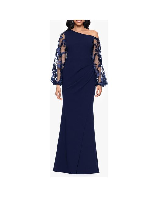 Betsy & Adam Blue One Shoulder Sheer Embroidered Long Sleeve Sheath Gown