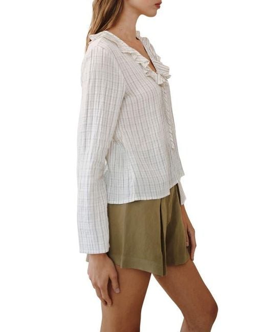 Bella Dahl Gray Stripe Ruffle Tie Neck Seersucker Top